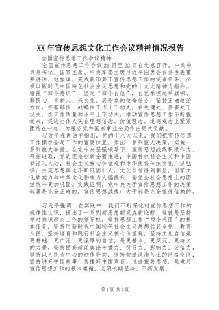 XX年宣传思想文化工作会议精神情况报告