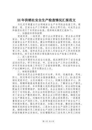 XX年供销社安全生产检查情况汇报范文