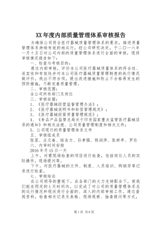 XX年度内部质量管理体系审核报告