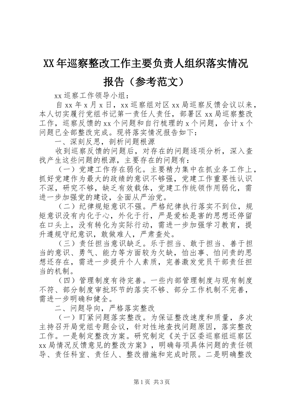 XX年巡察整改工作主要负责人组织落实情况报告（参考范文）_第1页