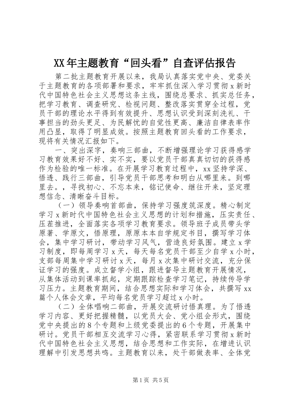 XX年主题教育“回头看”自查评估报告_第1页