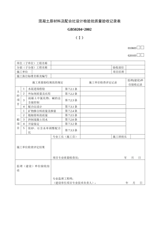 混凝土原材料及配合比设计检验批质量验收记录表Ⅰ