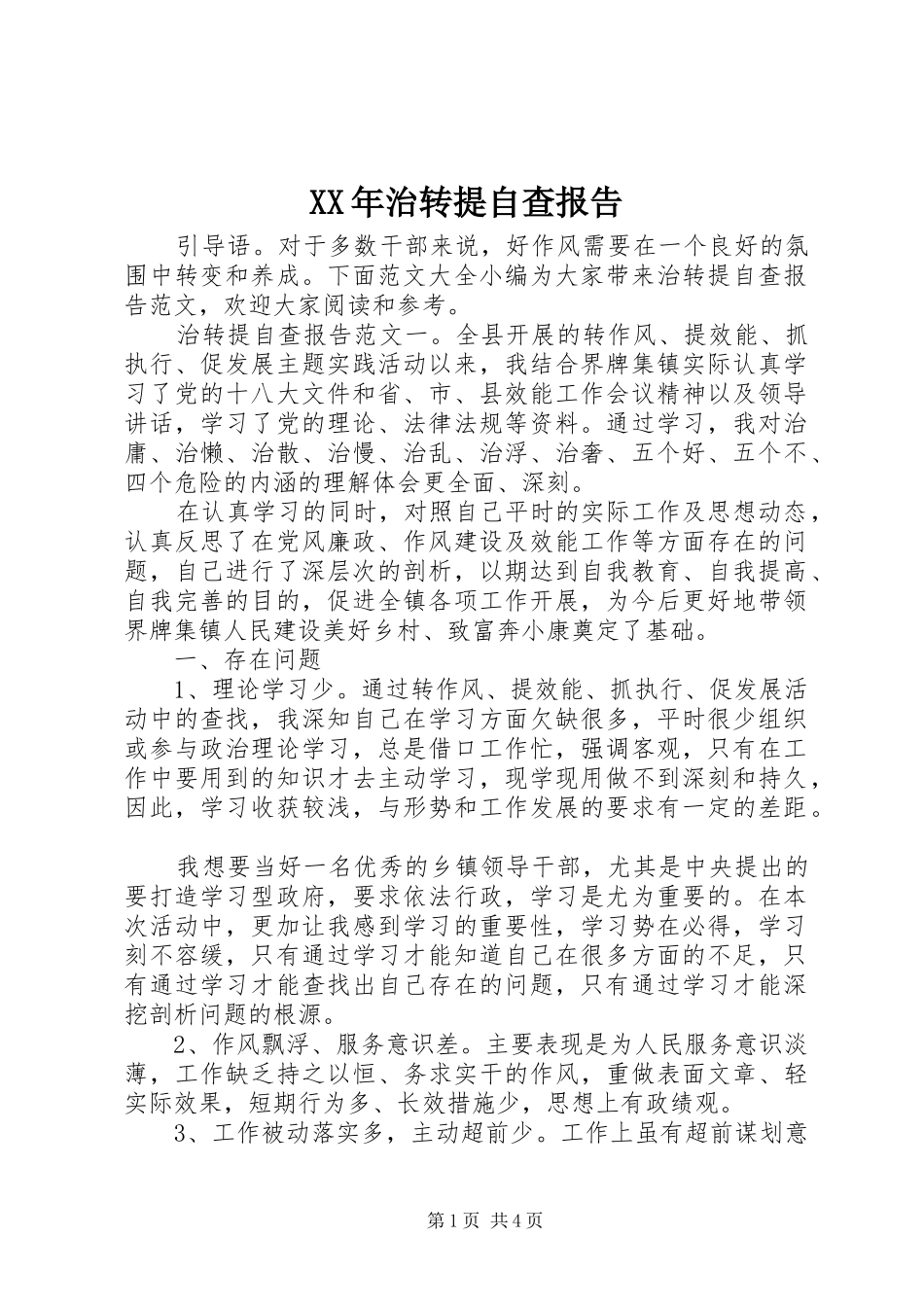 XX年治转提自查报告_第1页