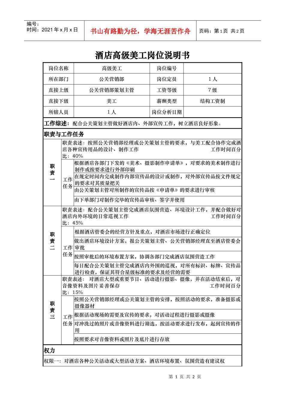 酒店高级美工岗位说明书_第1页