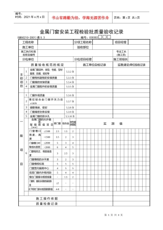 金属门窗安装工程检验批质量验收记录