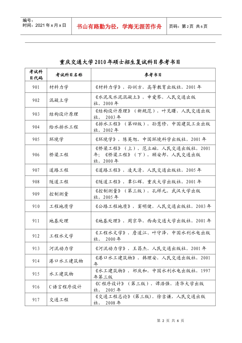 重庆交通大学XXXX年硕士招生初试科目参考书目_第2页