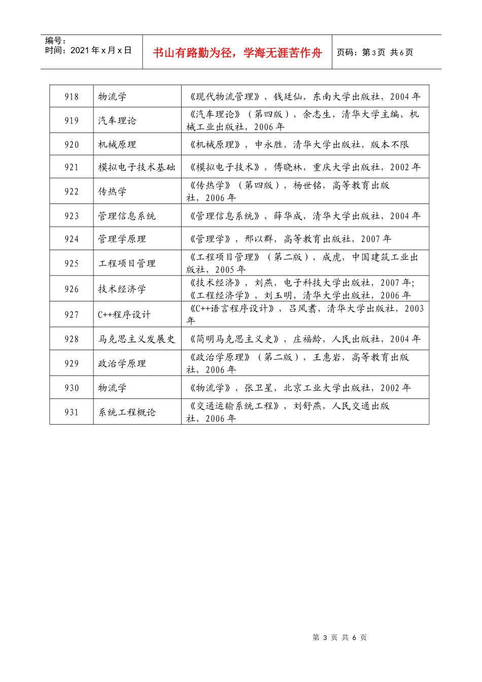 重庆交通大学XXXX年硕士招生初试科目参考书目_第3页