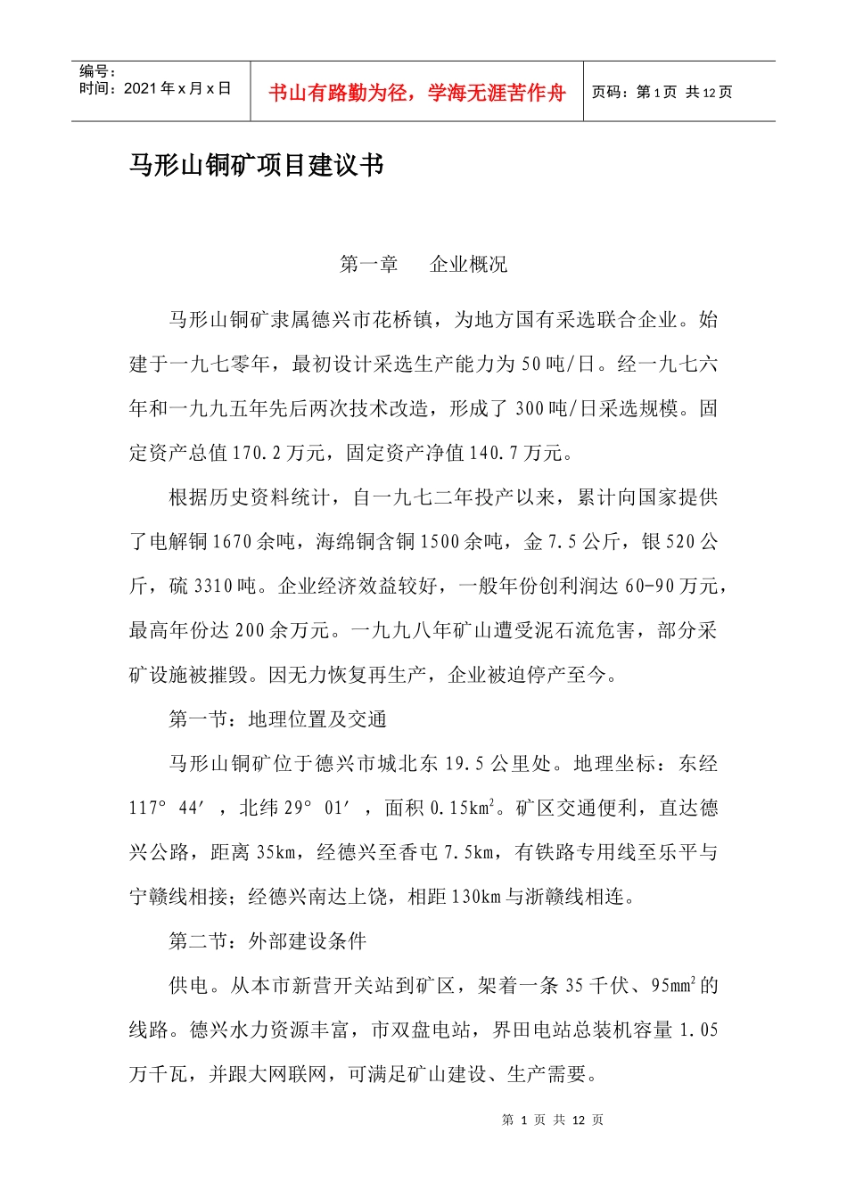 马形山铜矿项目建议书_第1页