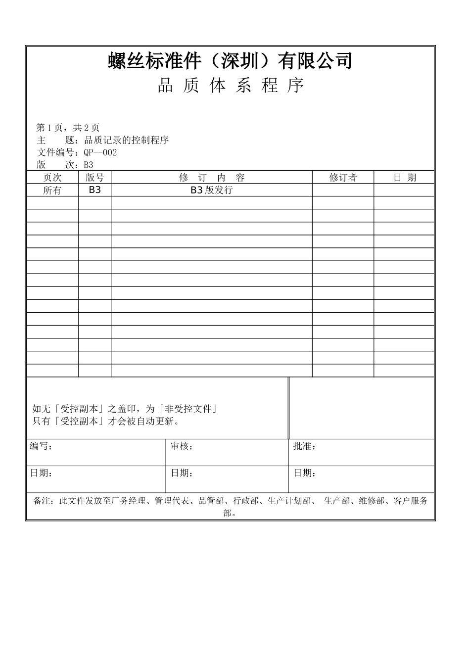 螺丝有限公司ISO90001范本--品质记录的控制程序（DOC）_第1页