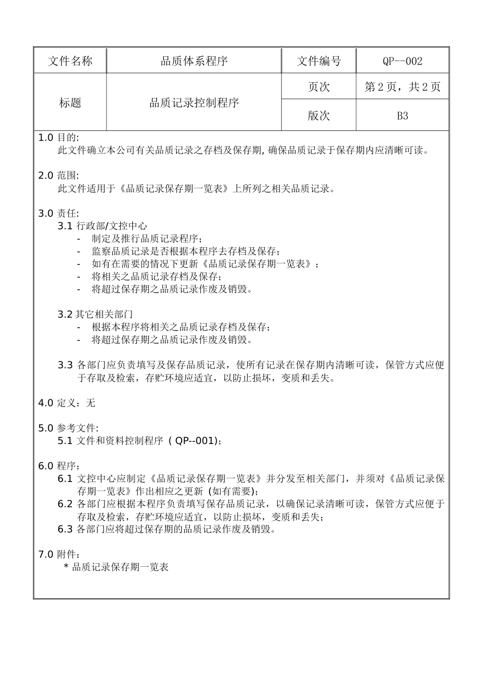 螺丝有限公司ISO90001范本--品质记录的控制程序（DOC）_第2页
