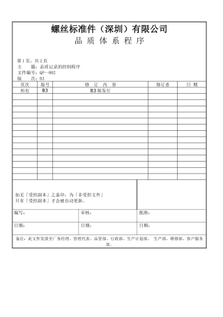 螺丝有限公司ISO90001范本--品质记录的控制程序（DOC）