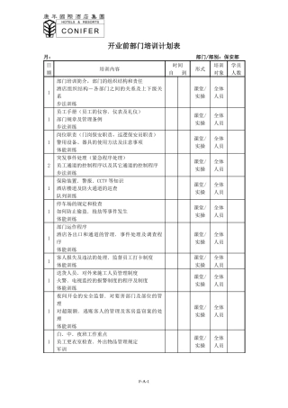 酒店集团酒店开业前部门培训计划表