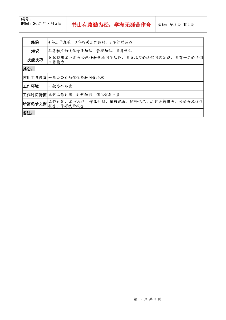 通信行业-网管中心-传输室主任岗位说明书_第3页