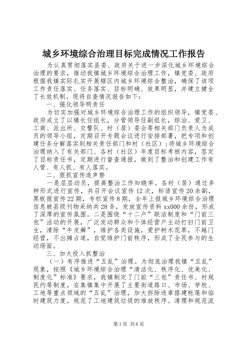 城乡环境综合治理目标完成情况工作报告_第1页