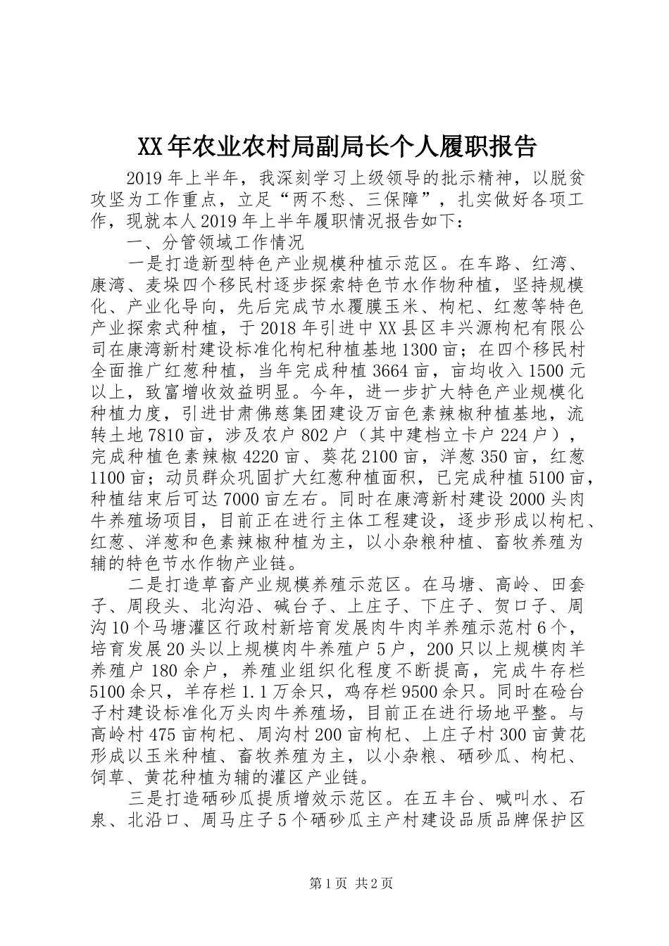 XX年农业农村局副局长个人履职报告_第1页