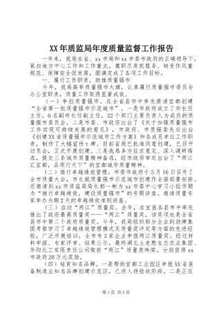 XX年质监局年度质量监督工作报告
