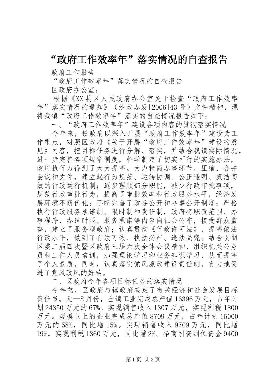 “政府工作效率年”落实情况的自查报告_第1页