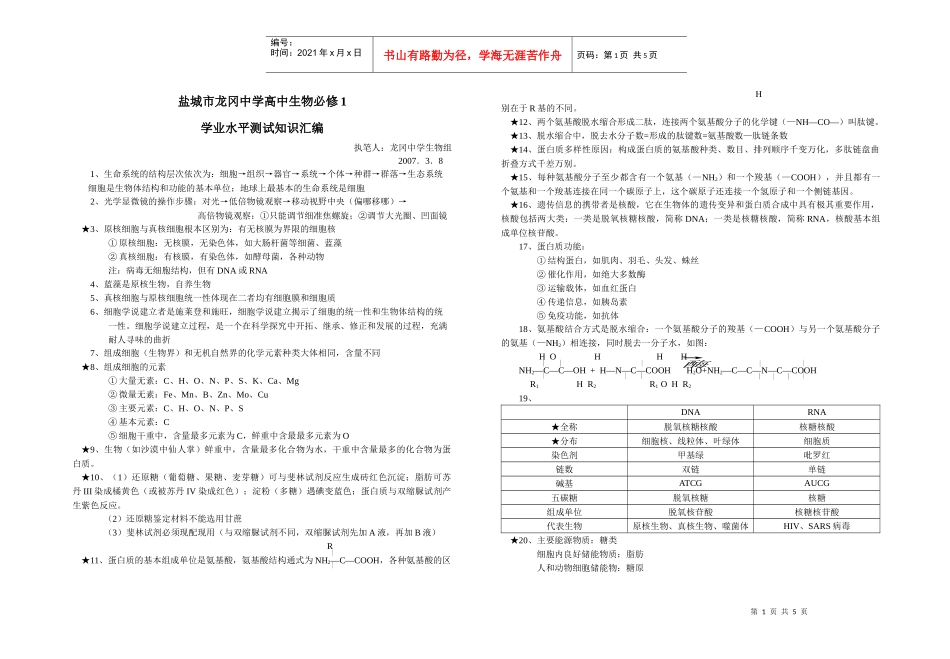 盐城市龙冈中学高中生物必修1学业水平测试知识汇编_第1页