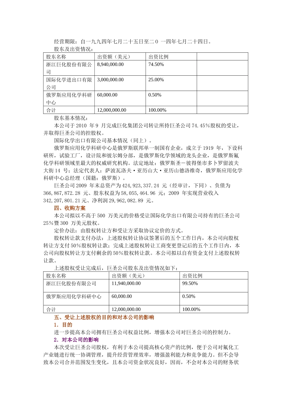 巨化股份：关于收购控股子公司股权的公告_第2页