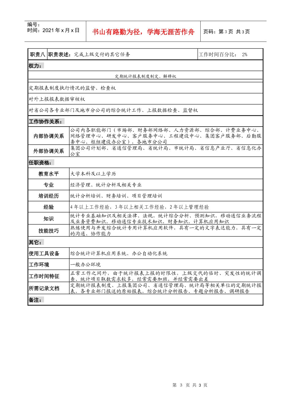通信行业-综合部-统计岗位说明书_第3页
