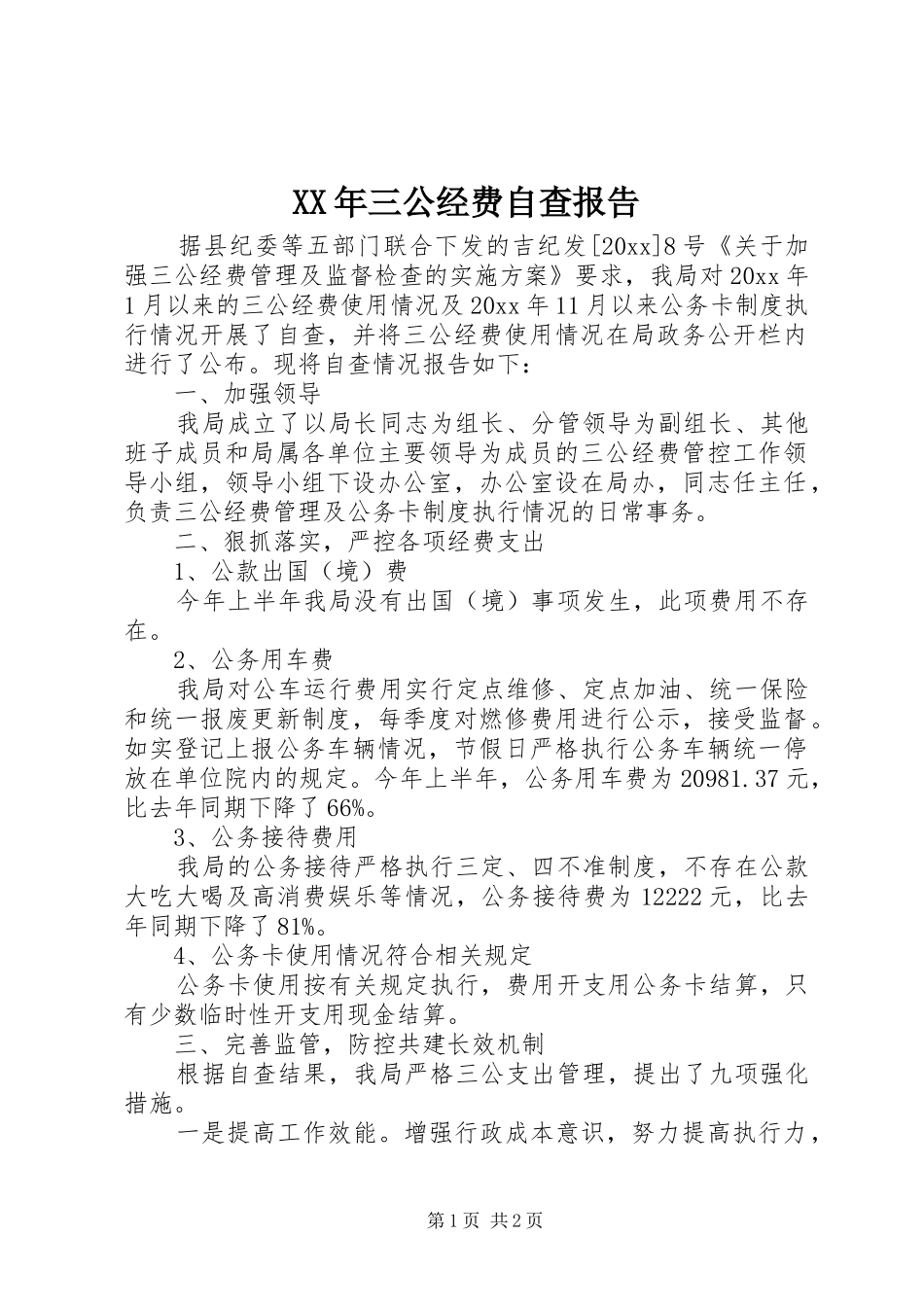 XX年三公经费自查报告_第1页