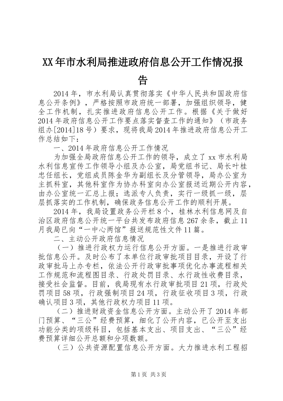XX年市水利局推进政府信息公开工作情况报告_第1页