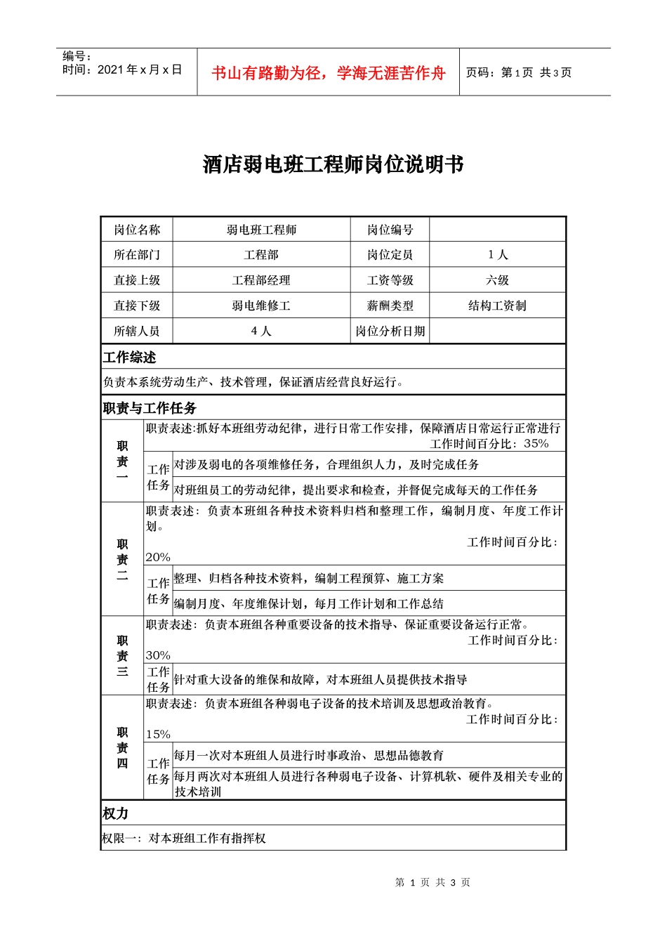 酒店弱电班工程师岗位说明书_第1页