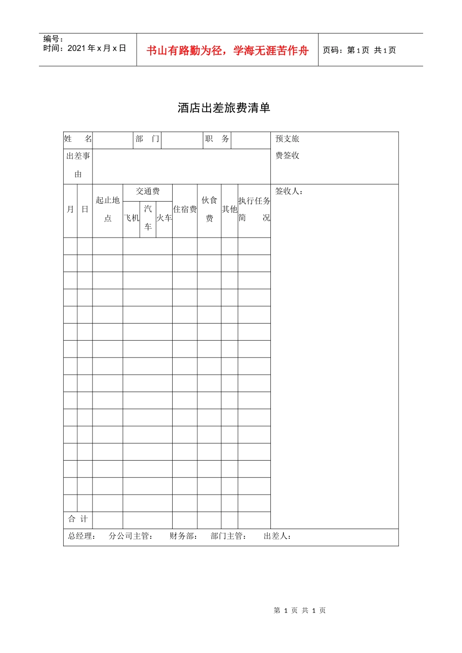酒店出差旅费清单_第1页