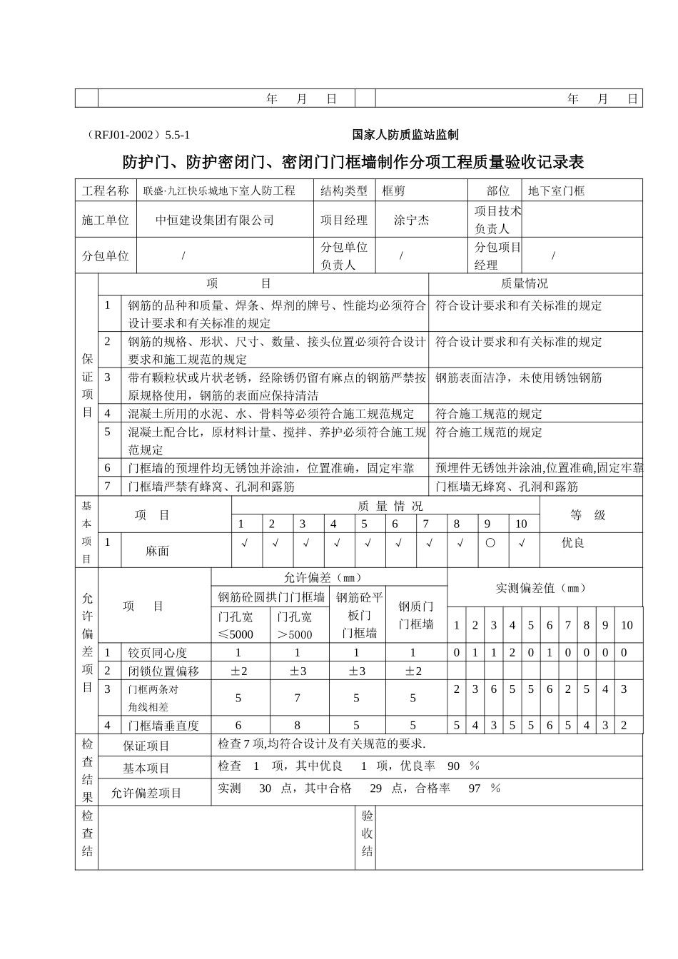 密闭门门框墙制作分项工程质量验收记录表_第2页