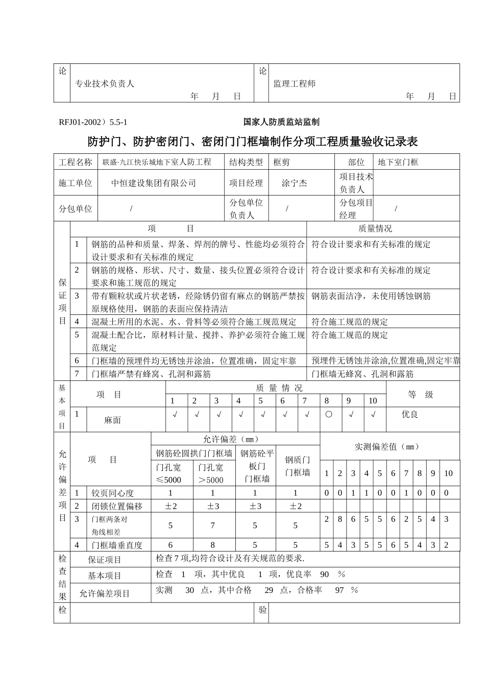 密闭门门框墙制作分项工程质量验收记录表_第3页