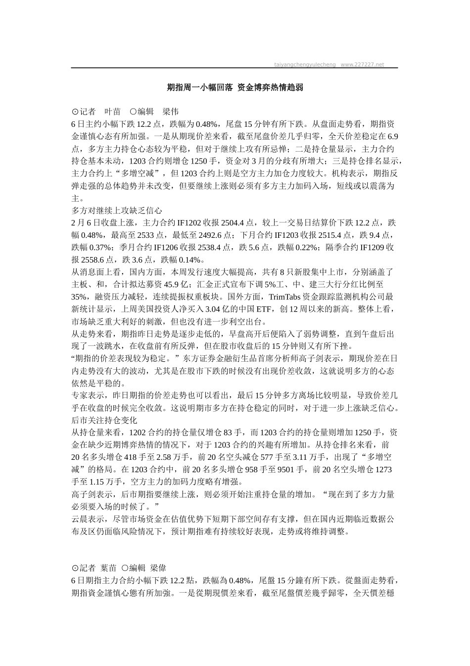 期指周一小幅回落资金博弈热情趋弱_第1页