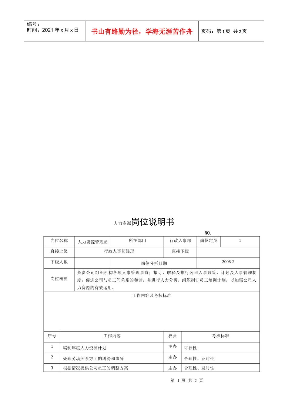 电力集团某大型电气配件企业人力资源主管岗位说明书_第1页