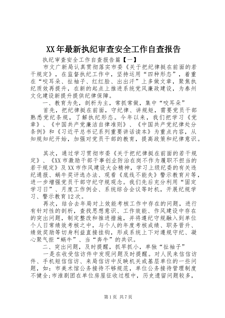 XX年最新执纪审查安全工作自查报告_第1页