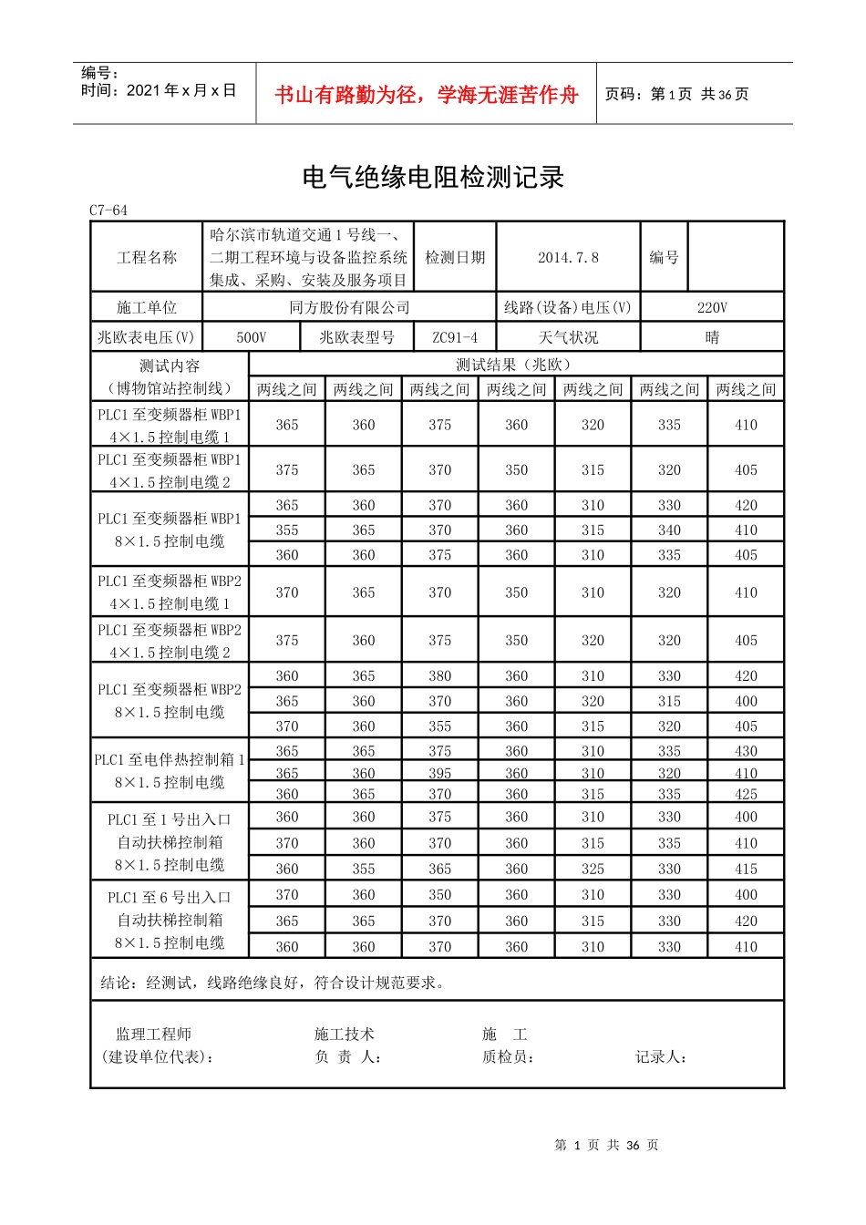 电气绝缘电阻检测记录(控制线)_第1页