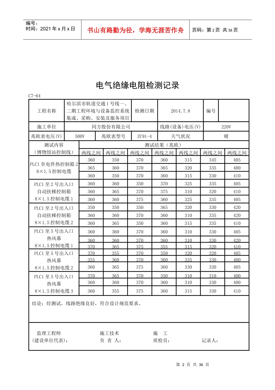 电气绝缘电阻检测记录(控制线)_第2页
