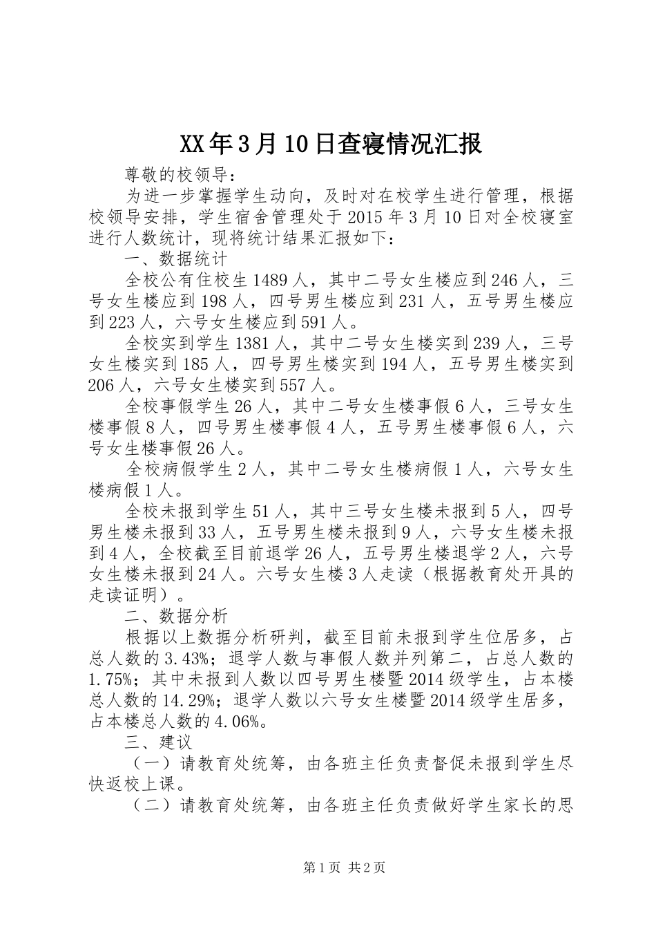 XX年3月10日查寝情况汇报_第1页