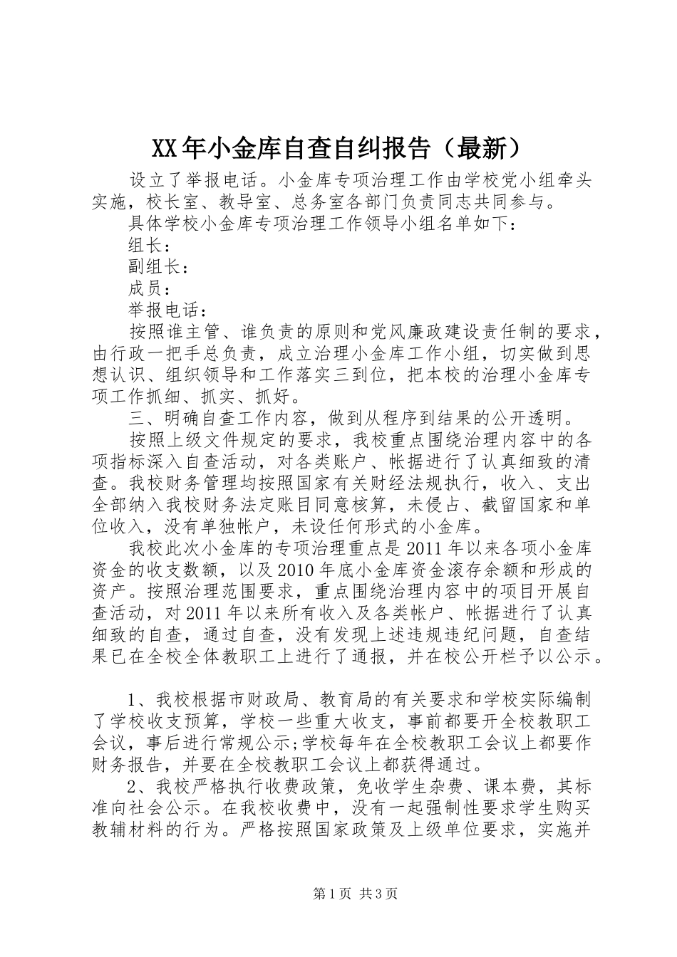 XX年小金库自查自纠报告（最新）_第1页