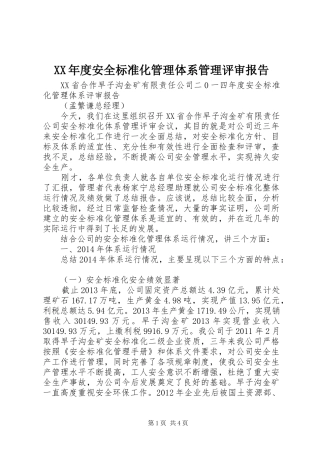 XX年度安全标准化管理体系管理评审报告