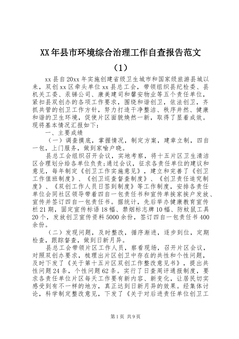 XX年县市环境综合治理工作自查报告范文（1）_第1页