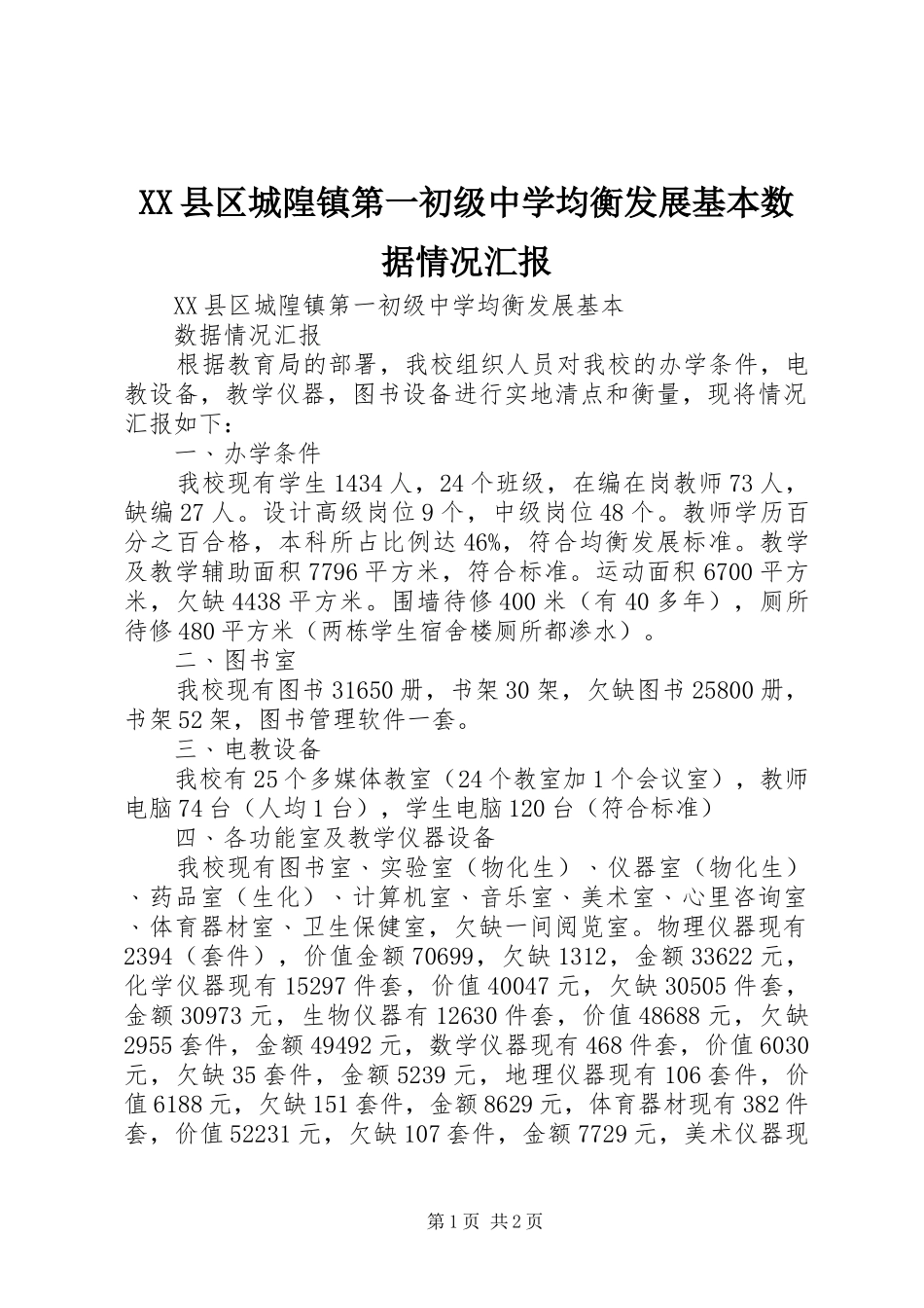 XX县区城隍镇第一初级中学均衡发展基本数据情况汇报_第1页