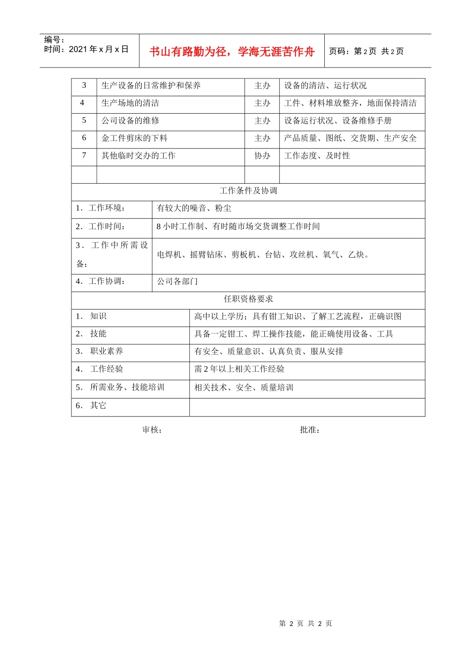 电力集团某大型电气配件企业模具工岗位说明书_第2页