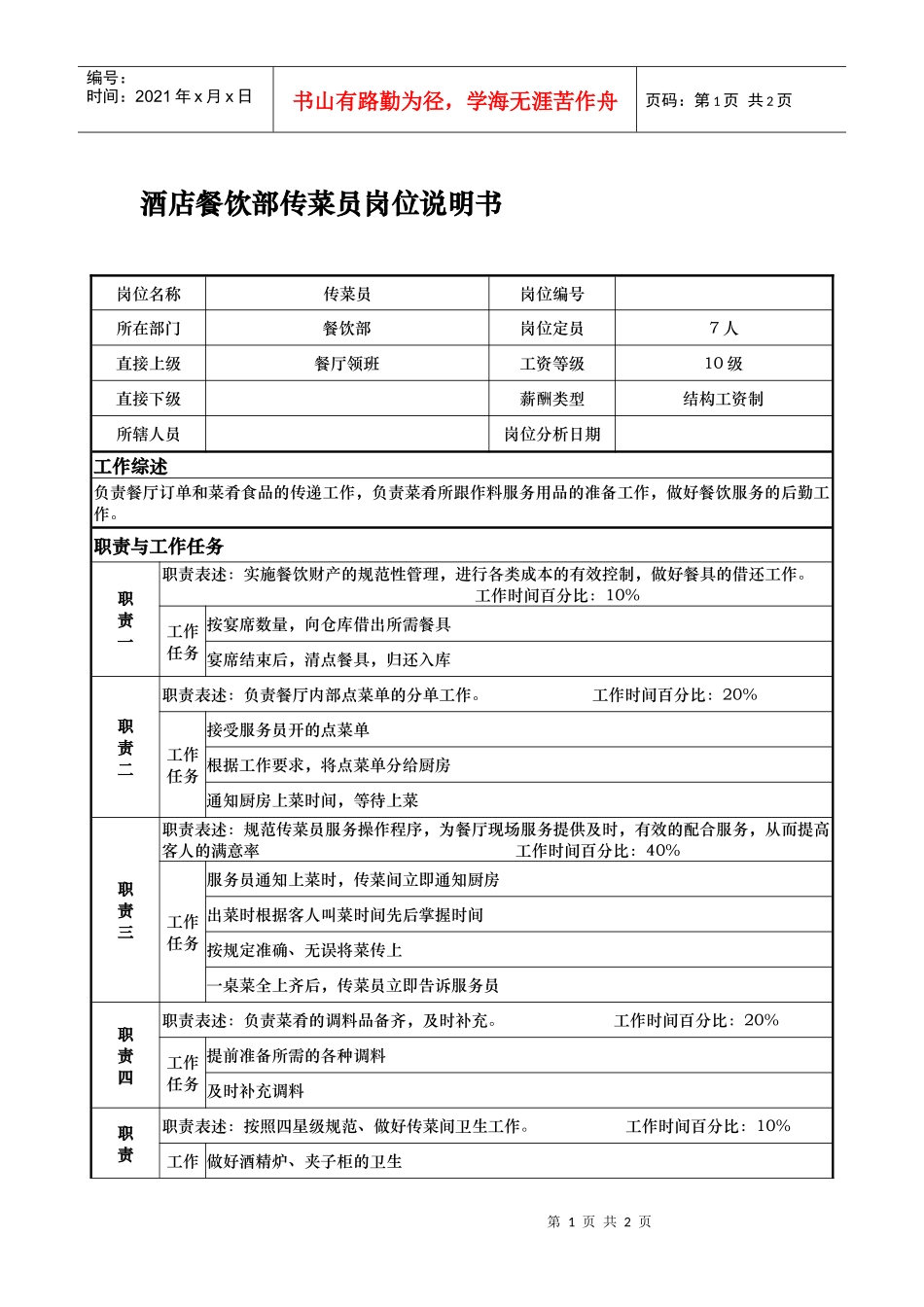 酒店餐饮部传菜员岗位说明书_第1页