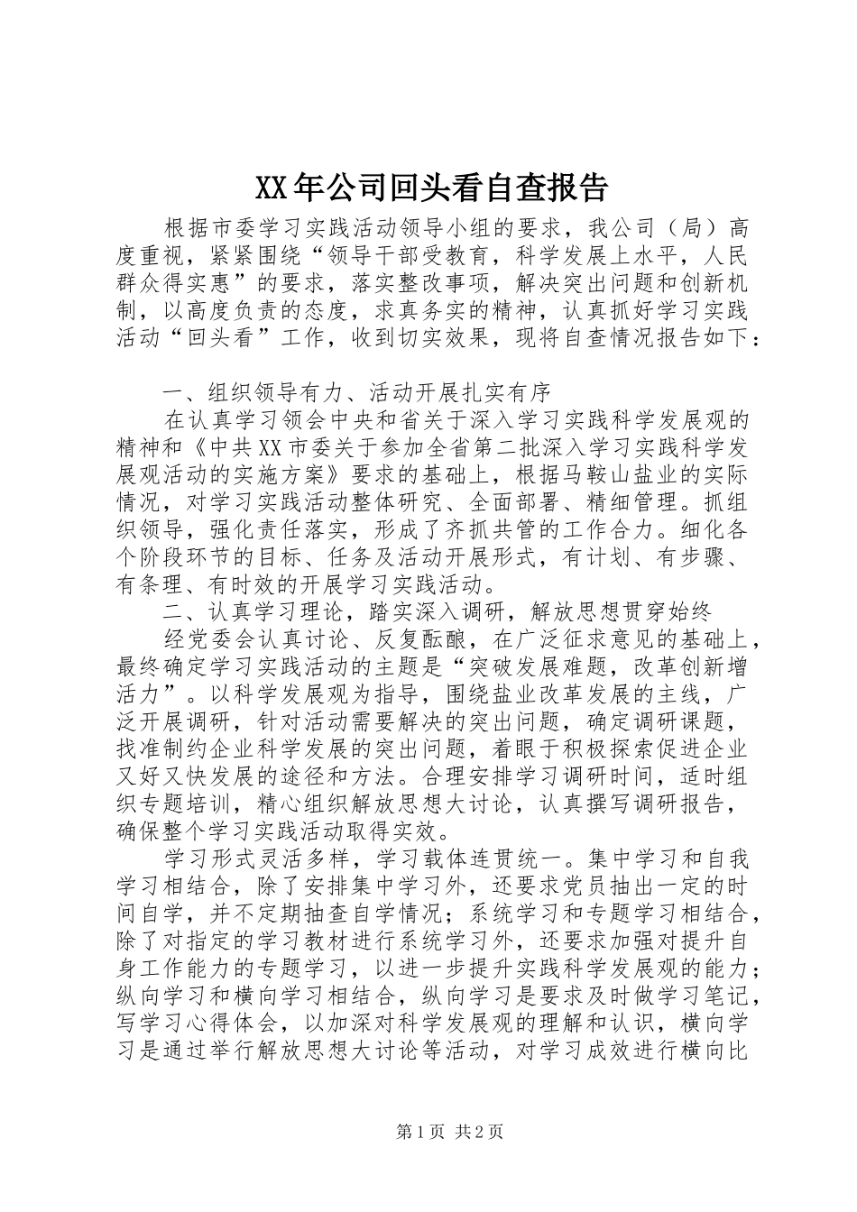 XX年公司回头看自查报告_第1页