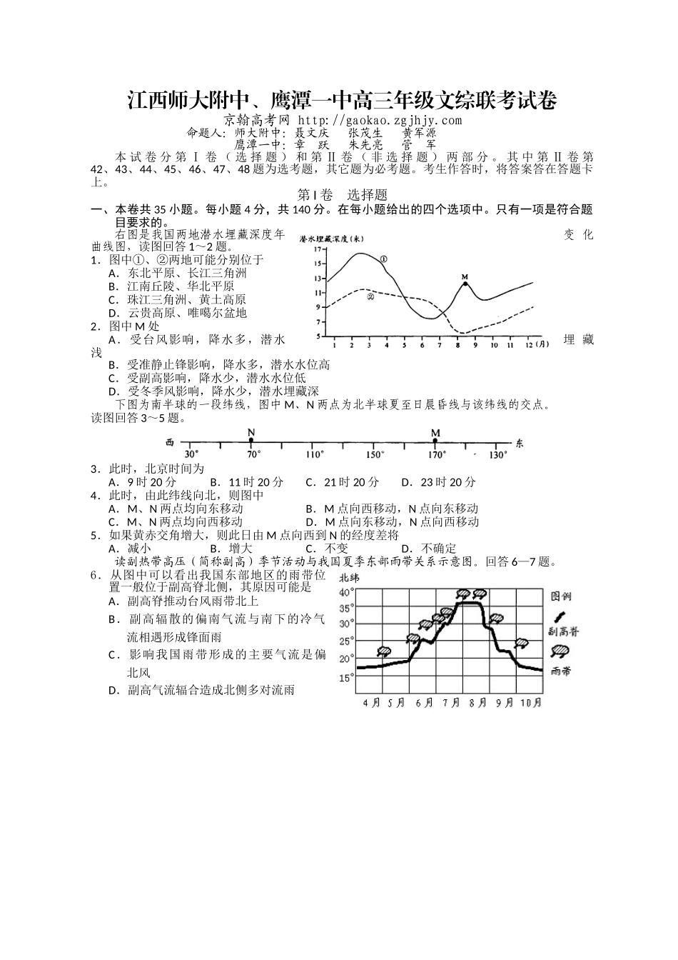 江西师大附、鹰潭一中2013届高三4月联考文综试题_第1页