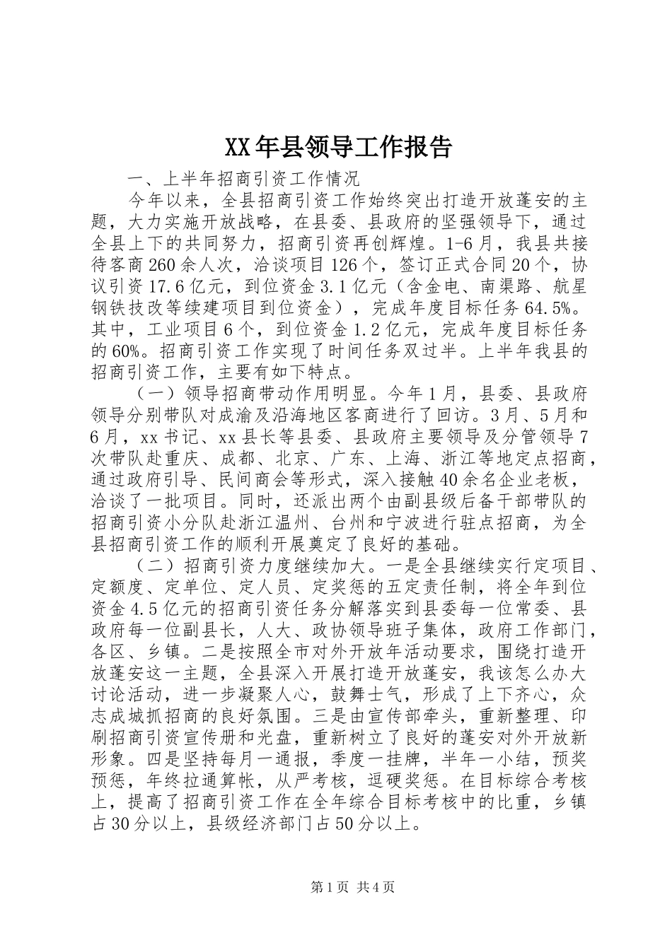 XX年县领导工作报告_第1页