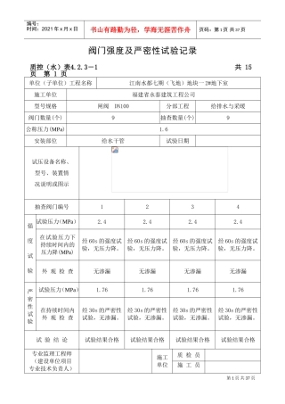 给水阀门强度及严密性试验记录(DOC34页)