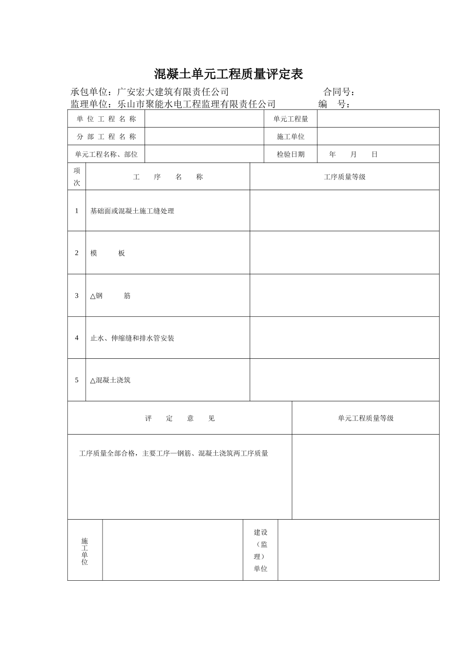 混凝土单元工程质量评定表_第1页