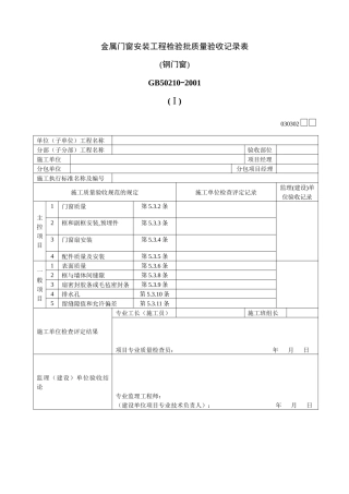 金属门窗安装工程检验批质量验收记录表Ⅰ