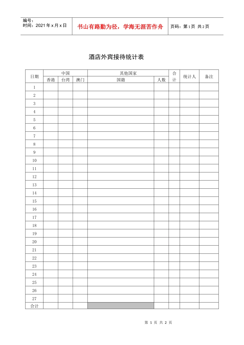 酒店外宾接待统计表_第1页
