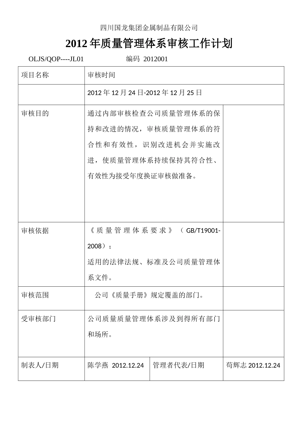 某金属制品有限公司质量体系内部审核质量记录_第3页
